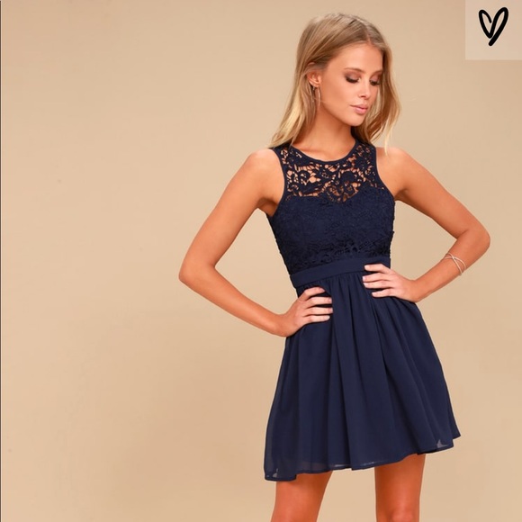 Lulu’s ROMANTIC TALE NAVY BLUE LACE SKATER DRESS - Picture 2 of 2